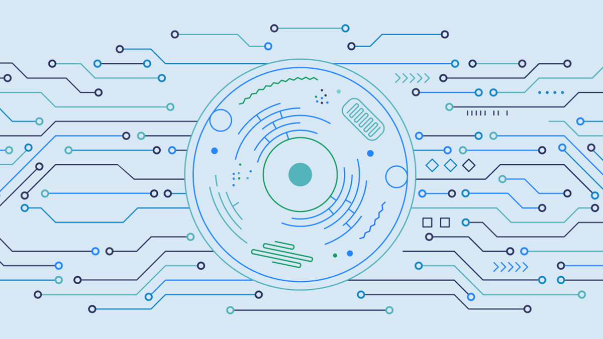 Abstract illustration of a circular electronic component surrounded by interconnected circuit lines and geometric shapes on a light blue background.