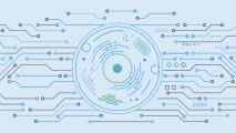Abstract illustration of a circular electronic component surrounded by interconnected circuit lines and geometric shapes on a light blue background.