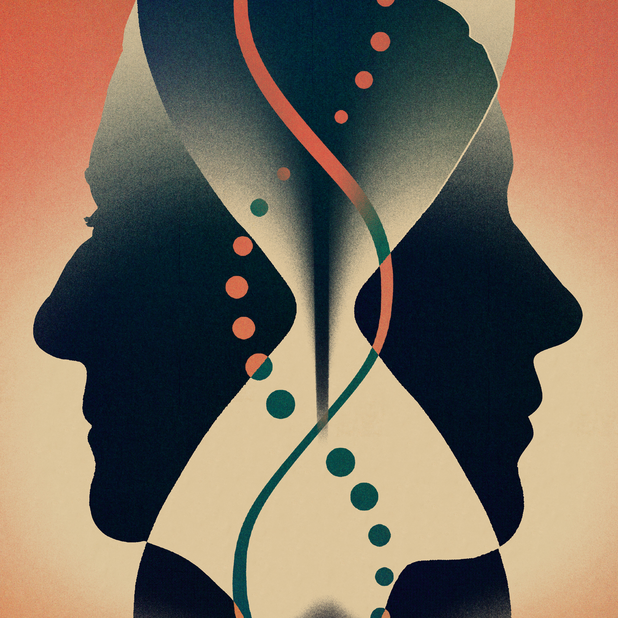 A stylized illustration of two human profiles facing opposite directions, overlaid with a DNA double helix and abstract dot patterns.