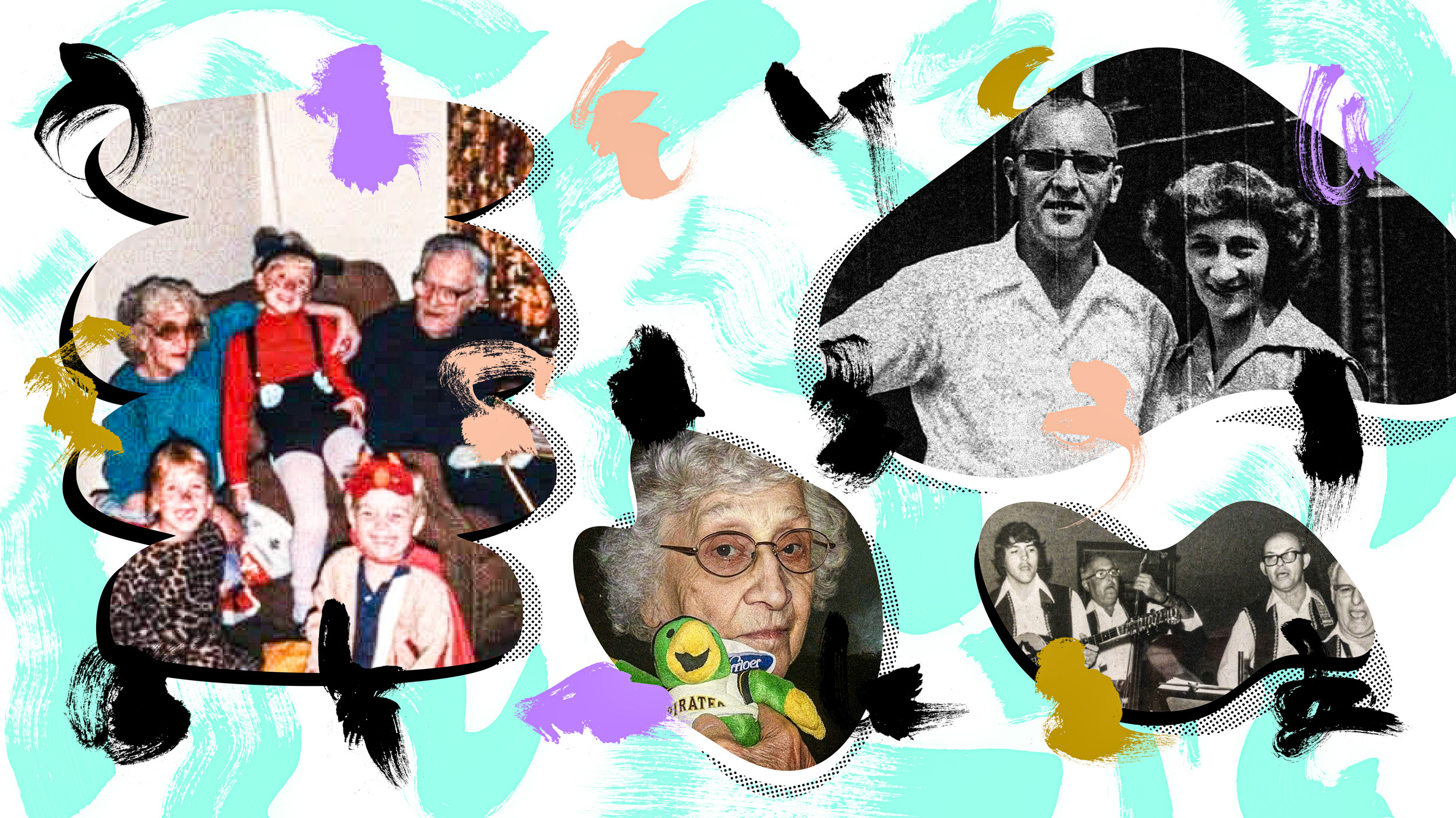 A collage of vintage family photos featuring adults and children, an elderly woman holding a toy—a symbol of longevity—and a couple, all overlaid with colorful abstract shapes.