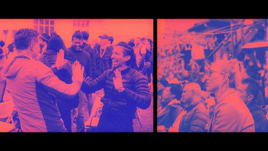 Two color-filtered panels show groups of people at an outdoor event; one side features people high-fiving, the other shows people seated and watching attentively.