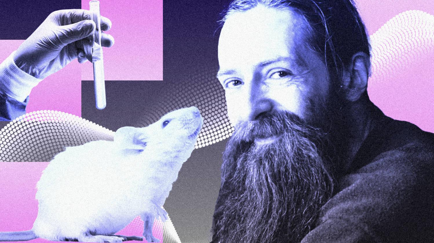 A man with a long beard sits next to a white lab mouse while a gloved hand holds a test tube in the background with abstract purple and pink shapes.