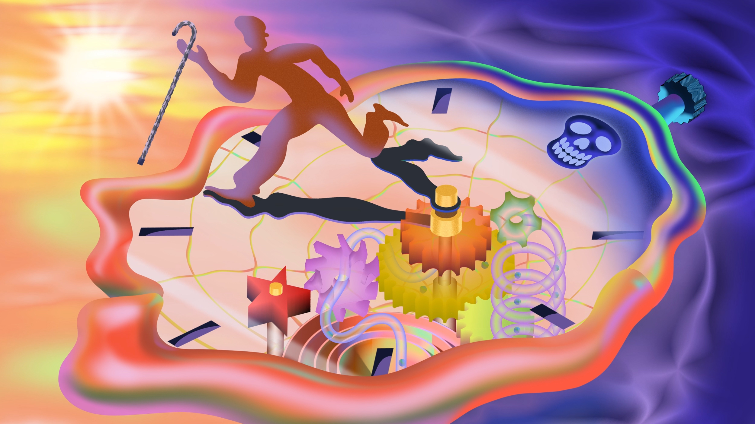 A surreal, melting clock with gears, a running silhouette holding a cane, and a skull, set against a colorful, dreamlike background with the sun shining.