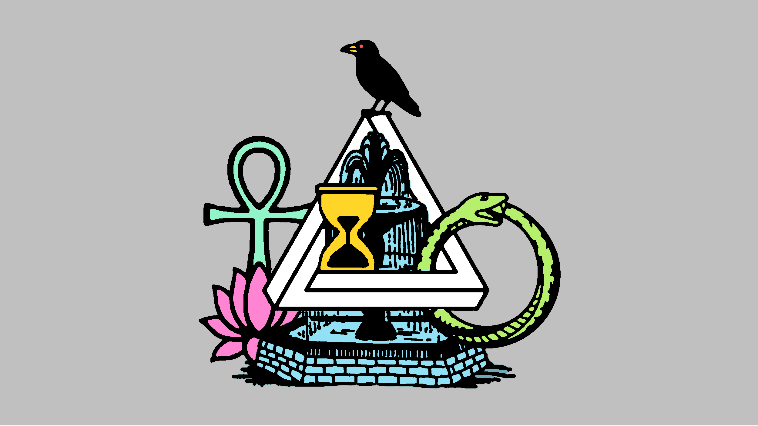 A black bird on a triangle above a fountain, with an hourglass, green ankh, pink lotus, and a green ouroboros—symbols of immortality in philosophy—encircling the triangle, all set against a gray background.
