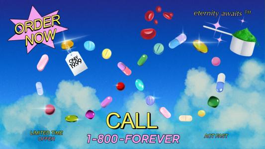 A variety of colorful pills and a scoop of green powder float against a blue sky with clouds, featuring promotional text like "ORDER NOW" and "CALL 1-800-FOREVER," highlighting the allure of longevity scams.
