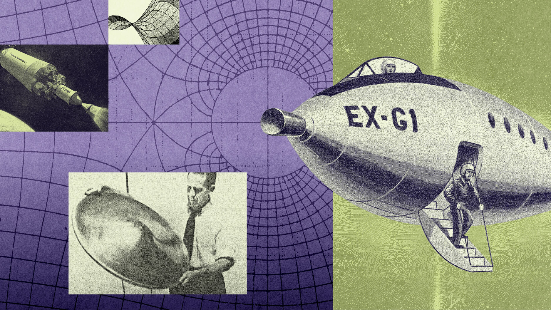 A collage of space exploration images, including a vintage rocket labeled EX-G1, an astronaut, a man with a metal dish, a spacecraft, and geometric grids in the background.