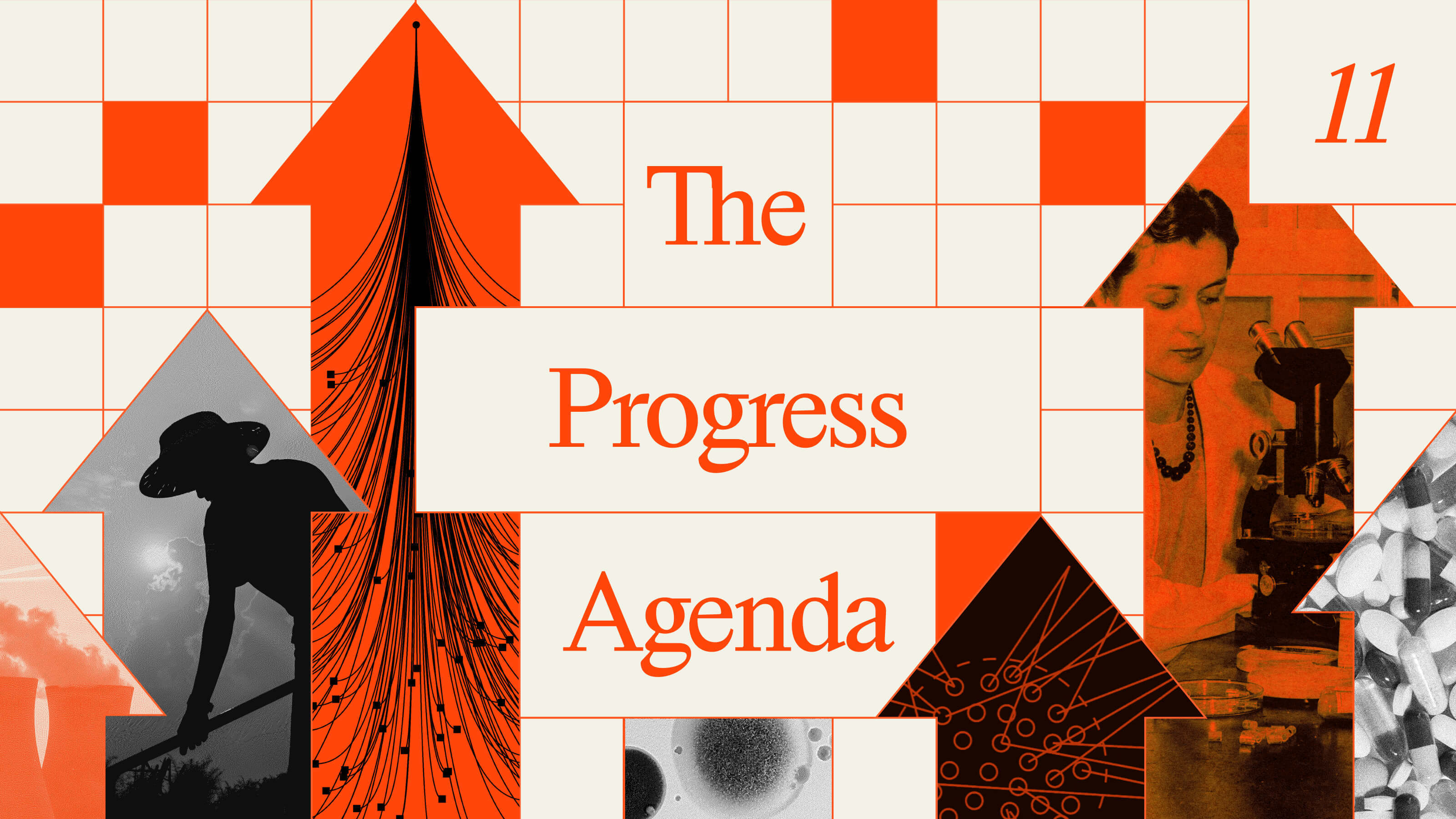 Abstract collage with arrows, a person skating, a woman using a microscope, scientific illustrations, and the text "The Progress Agenda 11" on a grid background.