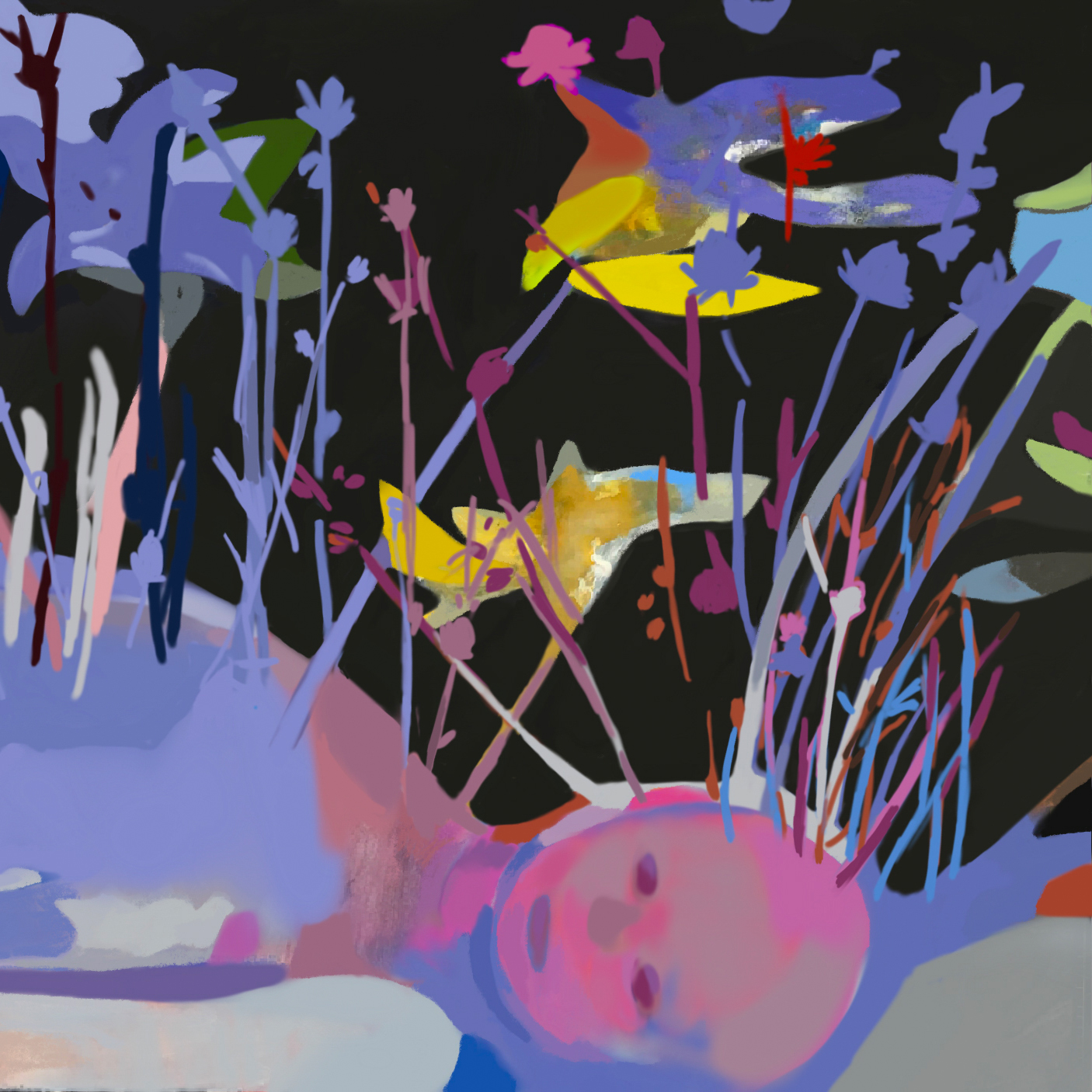 A colorful, abstract painting of a person lying down with plants growing from their head and yellow birds flying in a dark background.