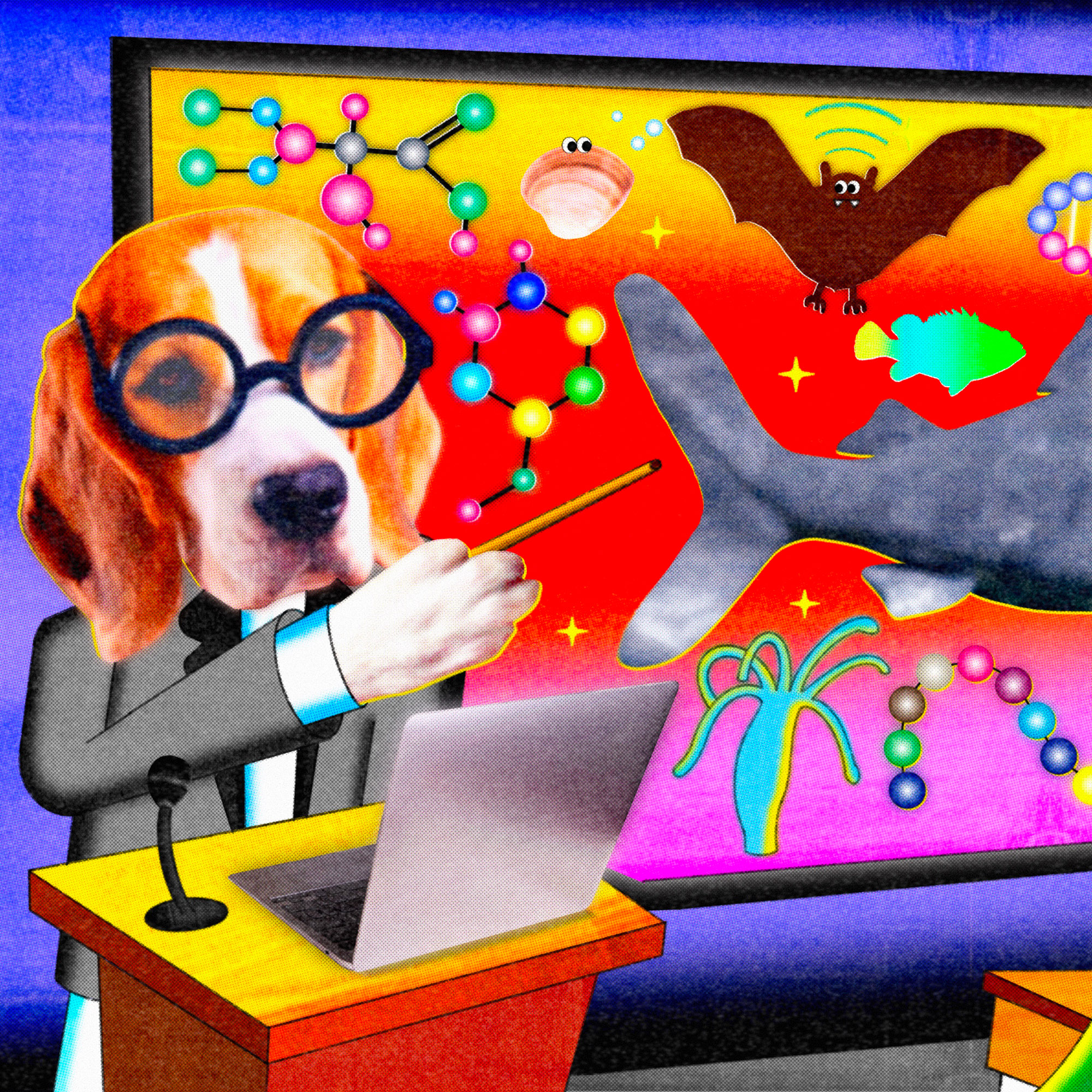 A dog wearing glasses stands at a podium with a laptop, pointing to a colorful evolution chart featuring animals, molecules, and insights into animal aging on a screen.